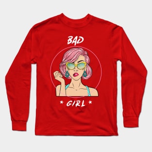 Bad Girl Feminist Pink Hair Girl Power Retro Cartoon 90s Nostalgia Long Sleeve T-Shirt